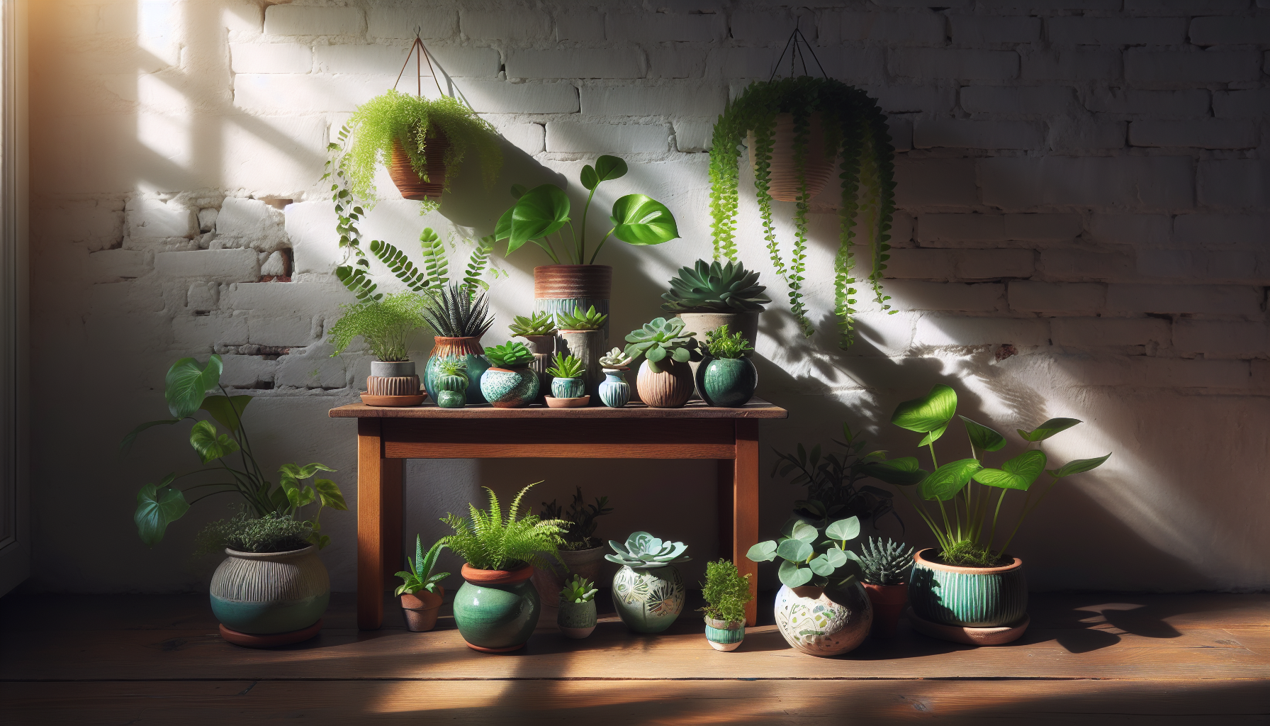 Various small houseplants in a stylish arrangement